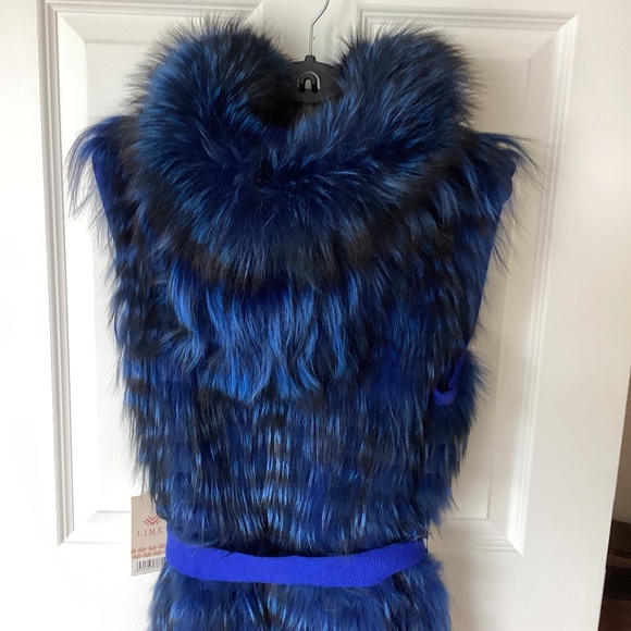Gorgeous Real Silver Fox Fur Dyed Royal Blue Long Vest with Hood and Belt NWT - Picture 5 of 15